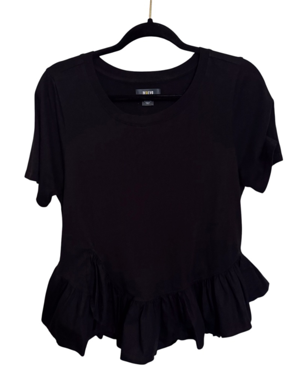 Maeve Anthro Medium Black Black Ruffle Hem Top Peplum Short Sleeve Stretch Boho
